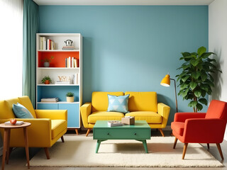 The yellow sofa in the living room is painted in bright colors