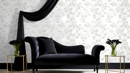 Photo of elegant black velvet chaise lounge with floral wallpaper and draped fabric in a luxurious interior