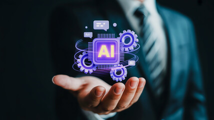 Futuristic artificial intelligence chip with gears and chat bubbles processor