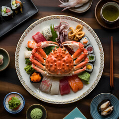 A plate is the centerpiece, featuring a vibrant whole king crab surrounded by assorted sushi and sashimi, including tuna, salmon, octopus, and rolls with various fillings.