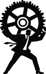 Silhouette of a businessperson carrying a large gear on their back.