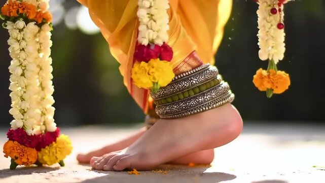 Indian dancers feet with flowers, and dance.