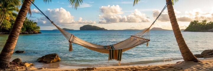 A tropical beach landscape with crystal clear turquoise waters and rocks in the foreground. A banner with space for the text.