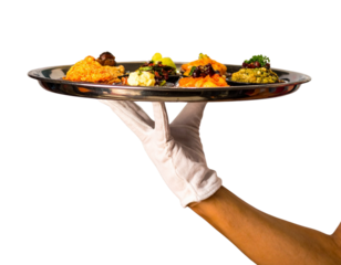  Gloved Waiter Hand Balancing Silver Serving Tray at Angle, Service Gesture, Isolated Transparent Background PNG