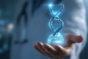 Doctor's hand presenting glowing DNA structure in a medical setting with blue light. Concept for genetic research, pharmaceutical development and healthcare innovation