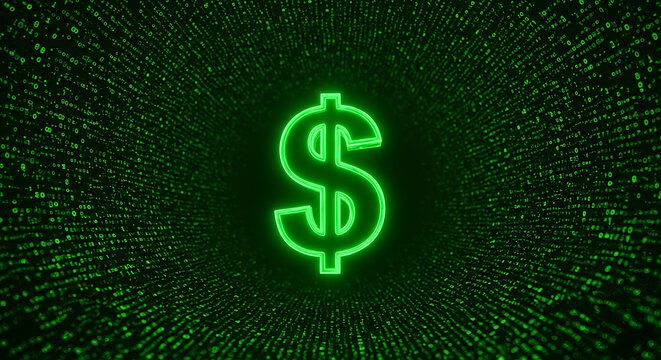 Glowing green dollar symbol in the center of a green binary code, financial technology concept