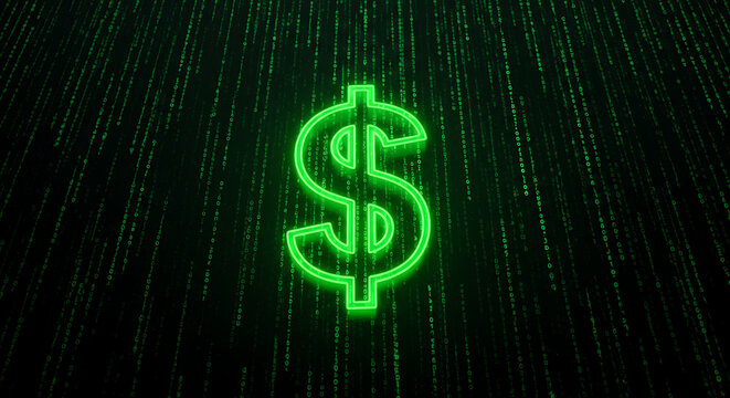 Digital currency: A green dollar sign glows against a background of cascading digital numbers.