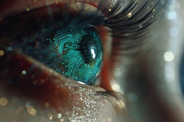 Close-up of a human eye featuring an embedded circuit board design with a turquoise hue, concept for future technology, advanced artificial intelligence and digital vision enhancement