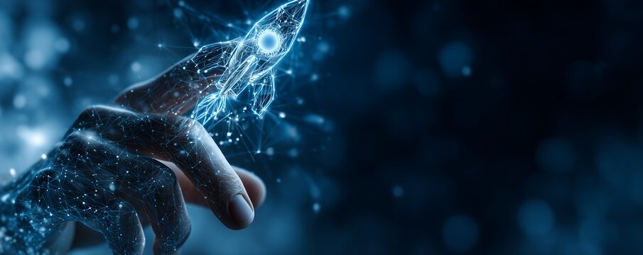 Digital hand touching low poly rocket ship with network connection on dark blue, concept for startup ventures, technology advancement and innovative solutions