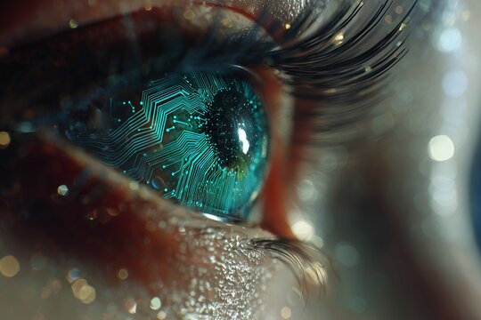Close-up of a human eye featuring an embedded circuit board design with a turquoise hue, concept for future technology, advanced artificial intelligence and digital vision enhancement - Powered by Adobe