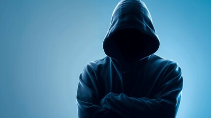 Silhouette of anonymous person in a dark hoodie with folded arms on blue background. Concept for cybersecurity threat, internet crime and identity theft