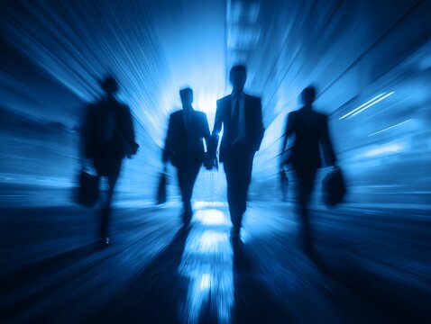Silhouetted business team walks towards a light source in a futuristic blue tone environment, concept for corporate success, career advancement and achieving goals - Powered by Adobe