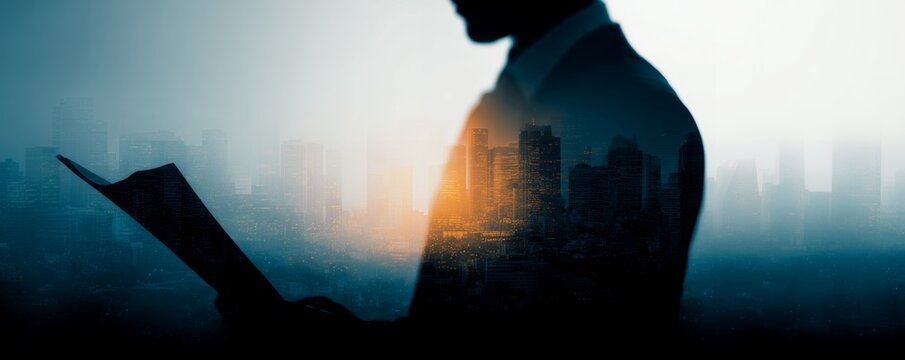 Silhouette of a businessman reading documents with a cityscape double exposure creating an innovative effect, concept for financial analysis, investment strategy and corporate growth
