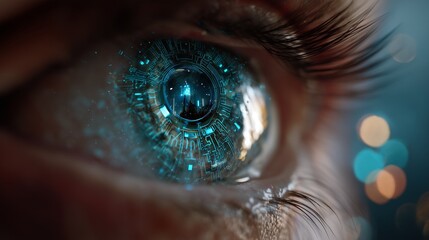 Macro image of a human eye with intricate digital circuit patterns overlaid on the iris, concept for futuristic technology, advanced medicine, and cybernetics visualization