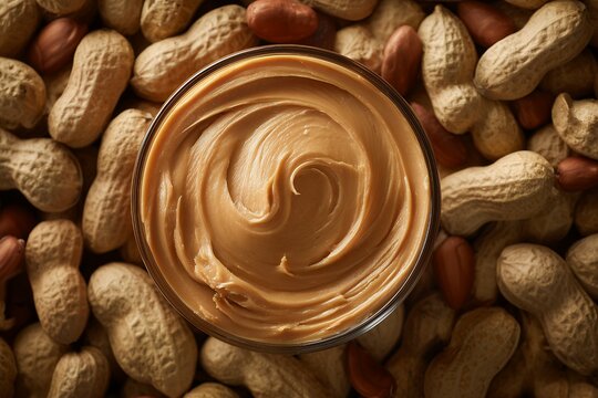 Overhead shot of creamy peanut butter in glass bowl surrounded by peanuts in shell, perfect swirl pattern. Concept for healthy breakfast, snack food and confectionery ingredient for sweet treats
