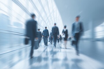 Blurred motion of business people walking in modern building with bright light, concept for corporate environment, business growth and professional advancement