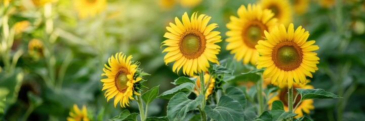Obraz premium A field of sunflowers in close-up on a blurred green background. A banner with space for the text.