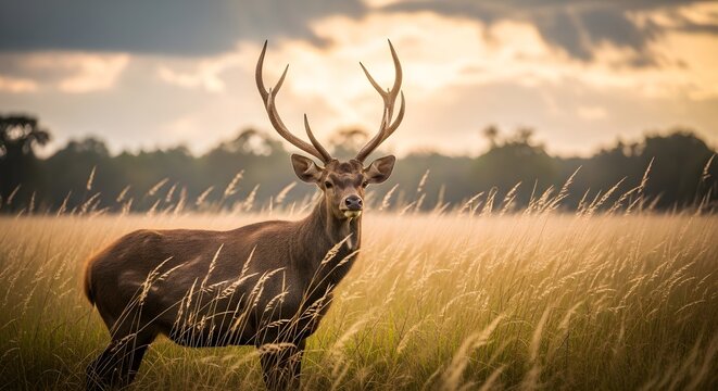 "Majestic Barasingha in Golden Grasslands at Sunset"