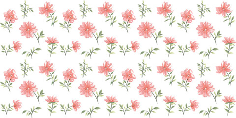 Seamless pink floral pattern with green leaves on a white background. This elegant botanical illustration Perfect for textile prints, wallpapers, wrapping paper, packaging, and Decorative Project