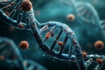 Detailed 3D render of a DNA strand with viral particles around it on a deep blue backdrop. Concept for virology research, pharmaceutical development and genetic engineering