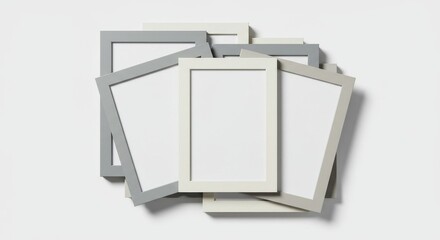 A chaotic, overlapping pile of empty grey and white picture frames, a minimalist flat lay mockup on a clean white background.