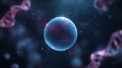 Glowing Blue Cell with DNA Strands in a Dark Microscopic Environment