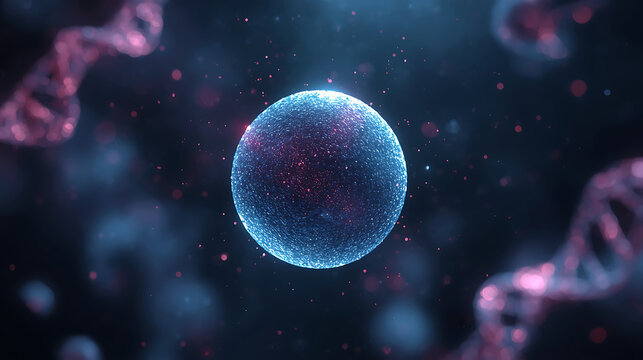 Glowing Blue Cell with DNA Strands in a Dark Microscopic Environment