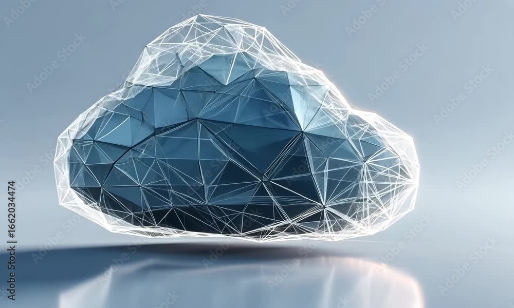 Poster modern geometric cloud design dark blue crystalline structure with wireframe outline, showcasing abs
