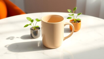 a surreal and vibrant cinematic photo of a beige coffee mug with a subtle sheen