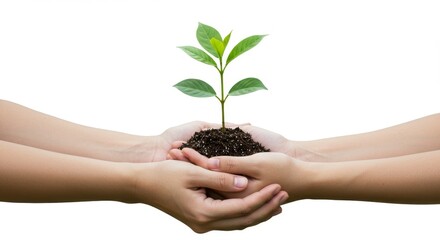 Generational Care - Adult and Child Hands Collaborating to Nurture a Young Green Sapling.
