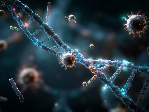 Detailed microscopic view of a DNA strand attacked by virus particles in dark background, concept for viral infection research, genetic engineering studies and pharmaceutical illustrations