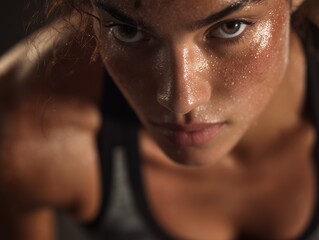 Close-up portrait of sweaty woman's face after intense workout, looking up with determination. Concept for fitness motivation, healthy lifestyle and athletic performance