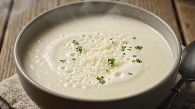 Bowl of creamy white soup garnished with shredded cheese and parsley on a wooden surface with a spoon
