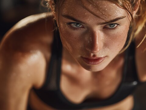 Intense portrait of a sweaty, determined woman in sportswear looking up. Concept for sports motivation, fitness goals and athletic performance