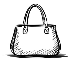 Black and white sketch illustration of handbag in hand drawn vector style