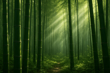 Fototapeta premium Bamboo Forest with Vertical Stalks and Sunbeams