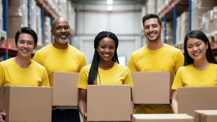 Diverse Warehouse Team Holding Boxes - Powered by Adobe