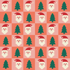 santa and christmas trees seamless pink and orange checkerboard pattern. for surface pattern design, print, wallpaper, wrapping paper, fabric.
