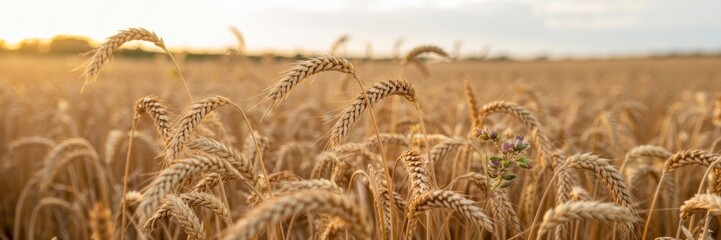 Golden stalks of wheat in a close-up in a field. In the background, with a soft side effect, you can see a field of wheat stretching into the distance. A banner with space for the text.