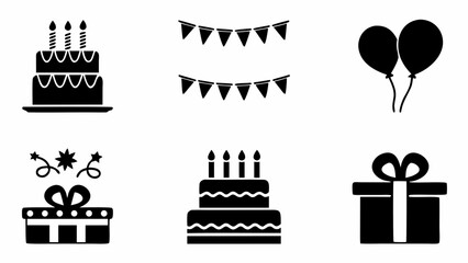 Birthday party celebration with cake balloons and gifts vector set