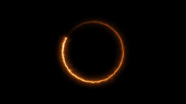 Rotating Neon light trail circle with orange color and fire effect on black background