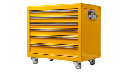 Png of A vibrant yellow tool chest on wheels, featuring six shiny metal drawers for organized storage.
