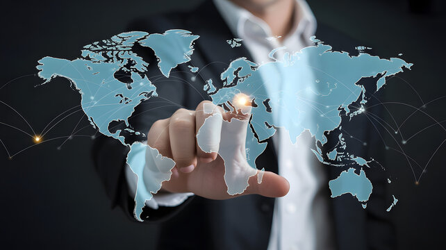 Global business strategy illustrated with world map and network connections, highlighting international collaboration