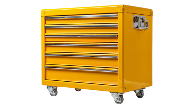 Png of A vibrant yellow tool chest on wheels, featuring six shiny metal drawers for organized storage.