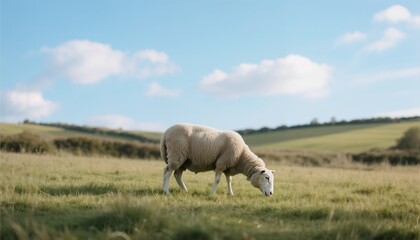 Obraz premium Sheep grazing in a green pasture under a blue sky with fluffy clouds 