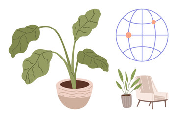 Potted plants with large green leaves, a stylish chair, and a globe grid with points highlighting connectivity. Ideal for interior design, technology, sustainability, lifestyle, relaxation