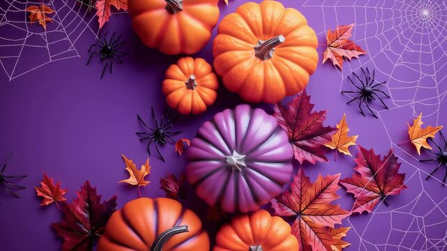Vibrant purple backdrop features assorted pumpkins adorned with spiders and autumn leaves. Setting evokes Halloween spirit. Concept of seasonal decor, festive celebrations, home decorations