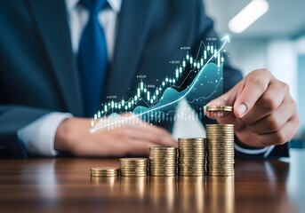 Businessman stacking coins with a rising stock market graph overlay symbolizing financial growth and investment success
