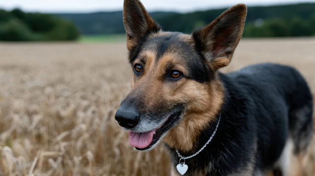 A happy dog poses in a golden wheat field, reflecting the beauty of nature and the joyous presence of pets in a picturesque rural setting under a clear sky.