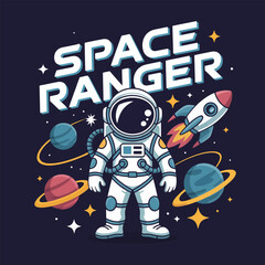 Astronaut explorer cartoon, rocket and planets, outer space adventure, galaxy background, cute vector illustration, kids poster